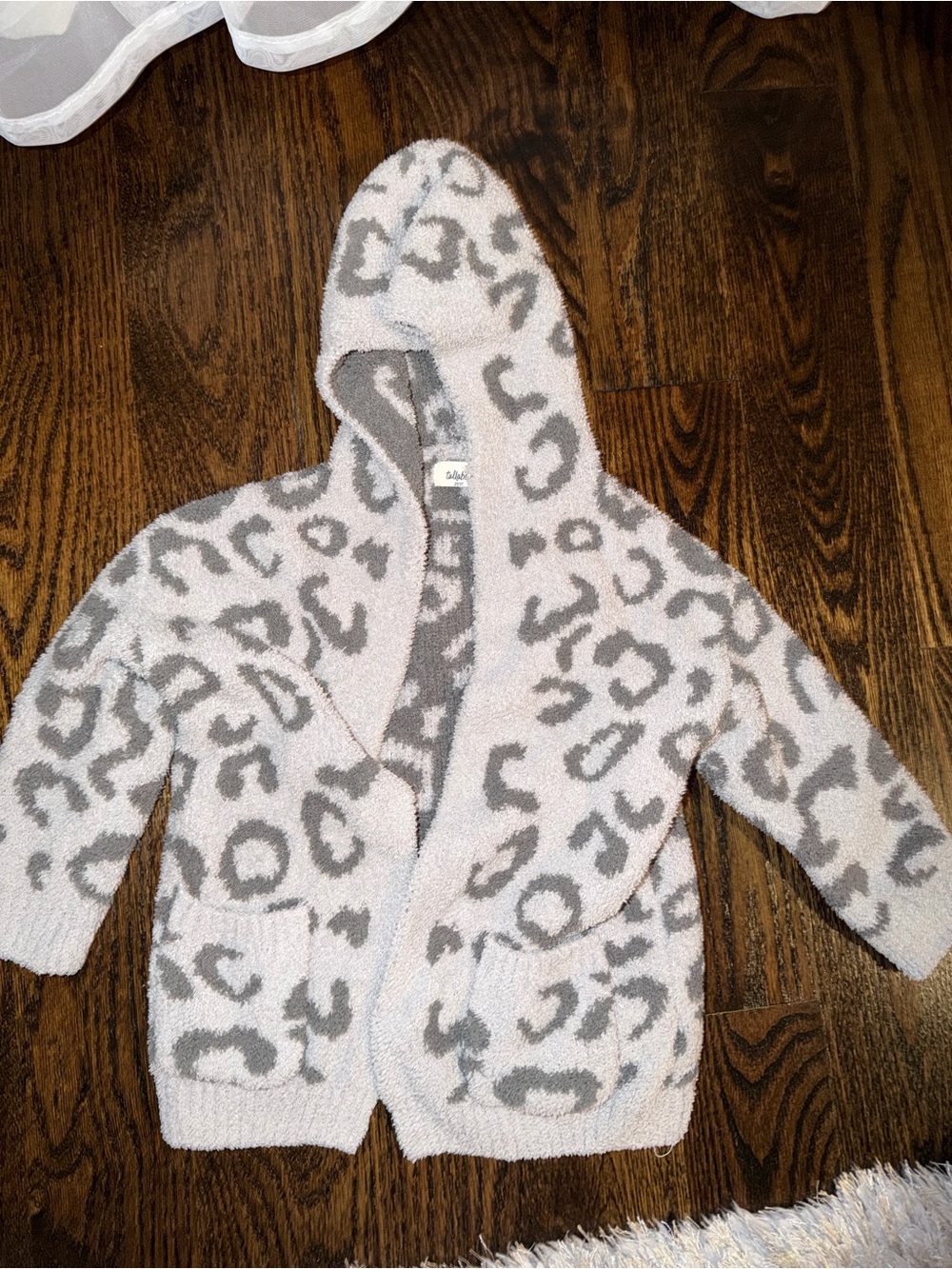 Cozy Hooded Kids Sweater - Light Pink and Gray Leopard